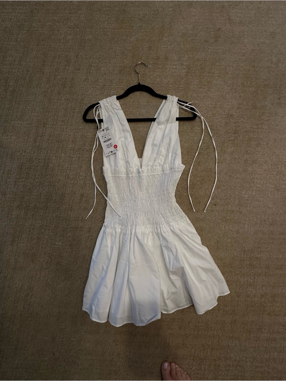 Zara new 🆕 White Smocked V-Neck Mini Dress with Tie Straps